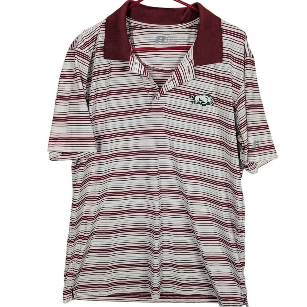 Razorbacks Polo Shirt Mens Large Maroon Striped Short Sleeve Arkansas Hogs Fan